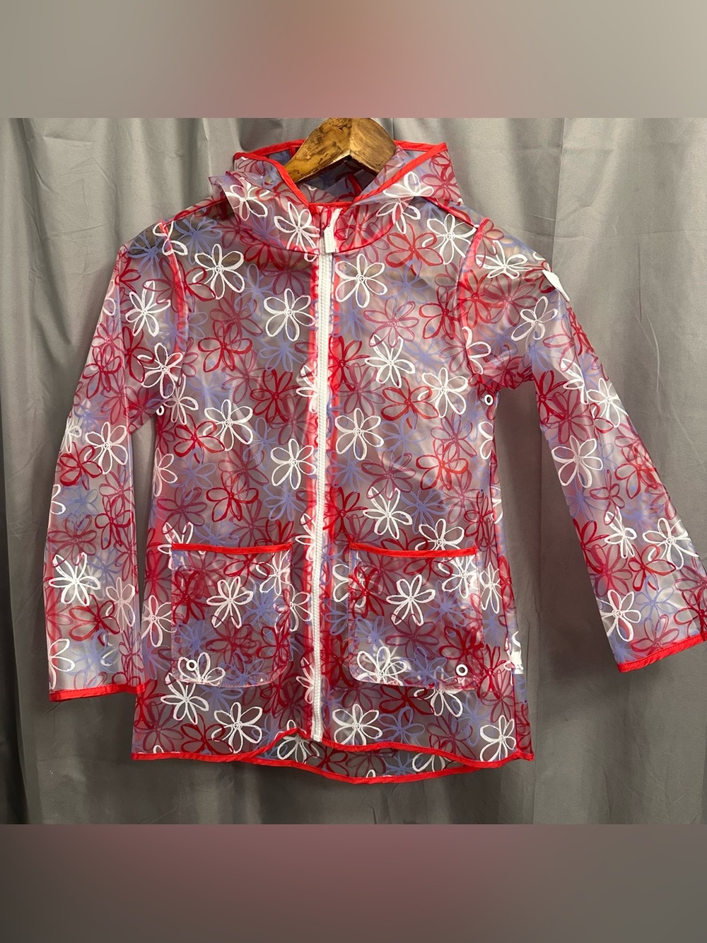 HUNTER Kids Red White Floral Transparent Raincoat Jacket Youth Girls 8